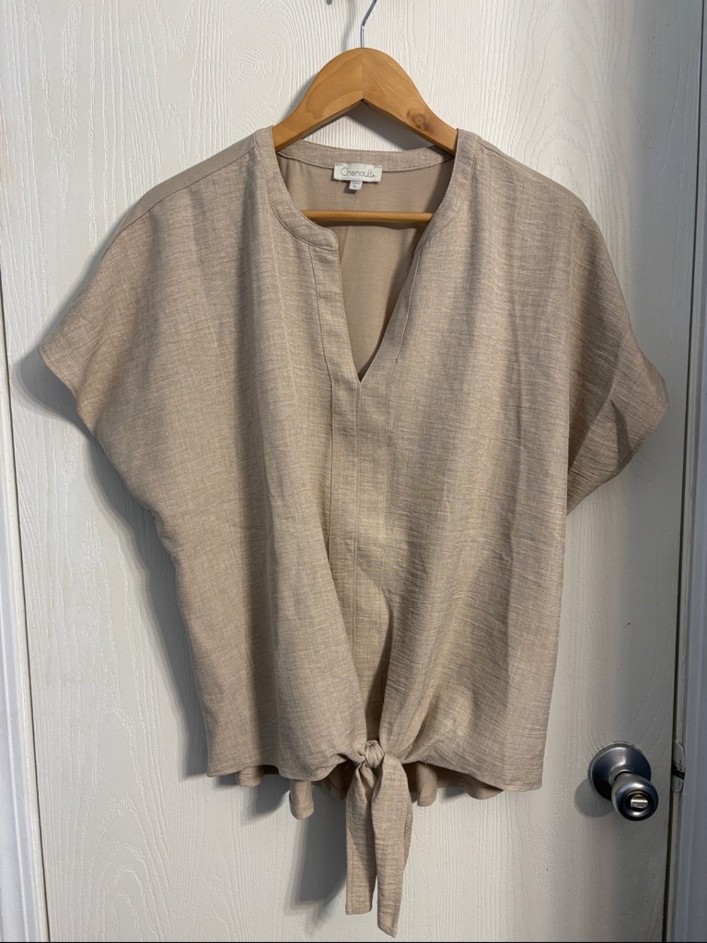 Chenault Taupe Tie-Front Short Sleeve Blouse